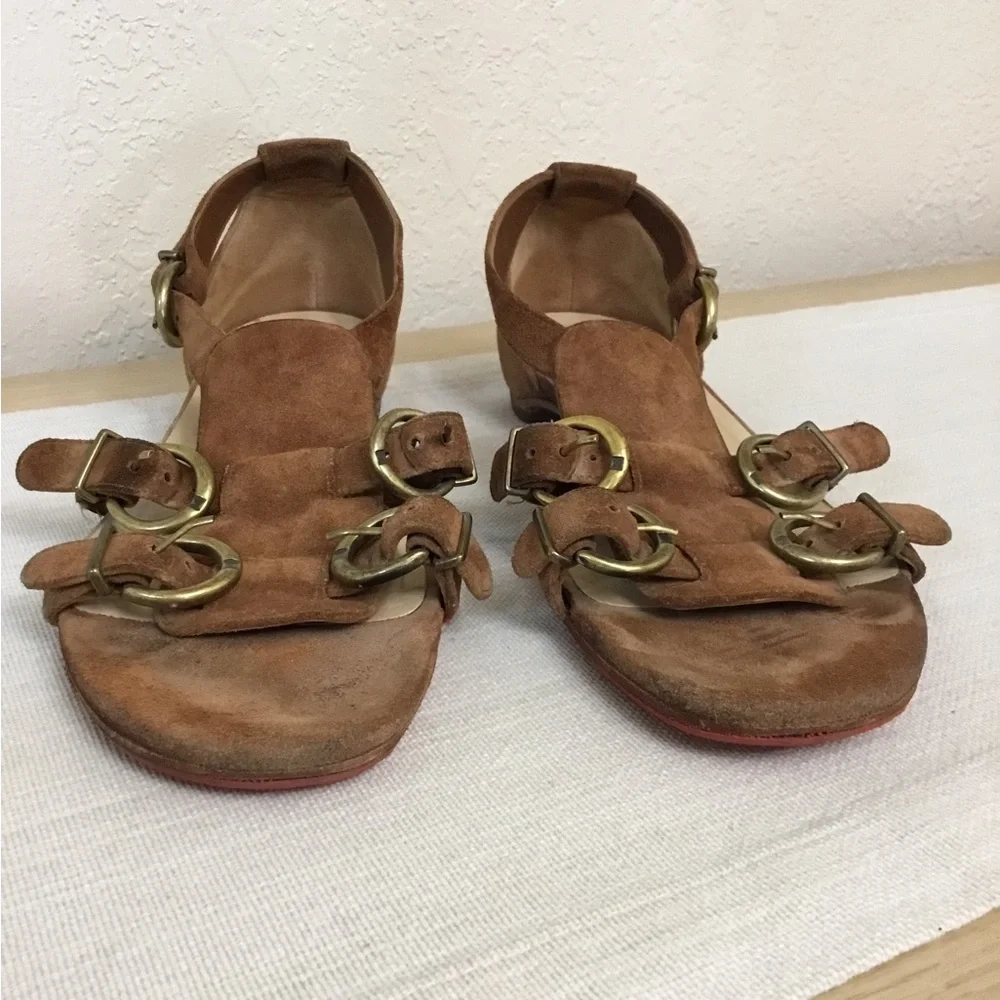 Christian Louboutin Brown Suede Strappy Flat Sandals with Gold Buckles
